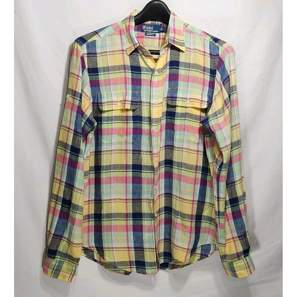 Polo Ralph Lauren Mens 100% Linen Large Long Sleeve Shirt Multicolor Plaid‎